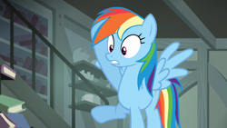 Size: 1280x720 | Tagged: safe, derpibooru import, screencap, rainbow dash, pony, daring don't, book, solo