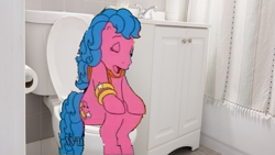 Size: 1280x720 | Tagged: safe, derpibooru import, edit, edited screencap, screencap, melody, earth pony, g1, my little pony tales, background pony strikes again, bathroom, blue mane, but why, eyes closed, implied pissing, implied pooping, pink body, relief, sink, sitting, sitting on toilet, solo, toilet, toilet paper