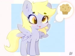 Size: 4000x3000 | Tagged: safe, artist:zokkili, derpibooru import, derpy hooves, pegasus, pony, :3, :p, beanbrows, cute, derpabetes, eyebrows, eyebrows visible through hair, food, high res, muffin, signature, smiling, solo, spread wings, that pony sure does love muffins, thought bubble, tongue, tongue out, wings