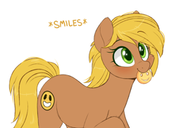 Size: 1140x830 | Tagged: safe, artist:higglytownhero, derpibooru import, earth pony, pony, blushing, cute, female, food, mare, mouth hold, simple background, smiley convention guest, smiley face, smiling, solo, unnamed character, unnamed pony, white background