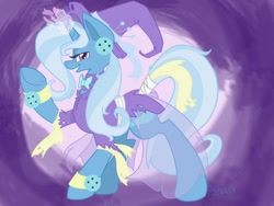 Size: 640x480 | Tagged: safe, artist:m3tavyx, derpibooru import, trixie, pony, unicorn, button, clothes, grin, looking at you, smiling, solo, tail, tail wrap