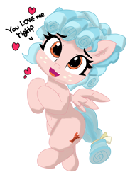 Size: 2280x3117 | Tagged: safe, artist:pabbley, color edit, derpibooru import, edit, cozy glow, pegasus, pony, g4, belly button, bronybait, colored, cozybetes, cute, dialogue, ear fluff, ears, female, filly, floating heart, foal, heart, looking at you, mare, simple background, smiling, solo, white background