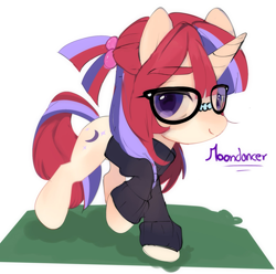 Size: 1817x1800 | Tagged: safe, artist:panrcillo_jelly, derpibooru import, moondancer, pony, unicorn, chibi, clothes, cute, dancerbetes, female, glasses, looking at you, raised hoof, raised leg, simple background, smiling, smiling at you, solo, standing, sweater, taped glasses, three quarter view, walking, white background