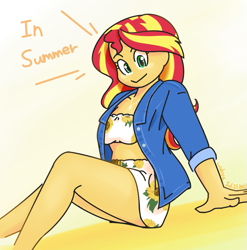 Size: 861x871 | Tagged: safe, artist:wakyaot34, derpibooru import, sunset shimmer, human, equestria girls, :>, clothes, denim, denim jacket, female, jacket, jewelry, midriff, necklace, schrödinger's pantsu, simple background, solo, white background