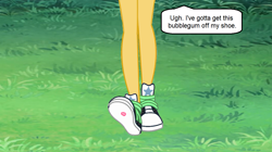 Size: 1364x766 | Tagged: safe, artist:chipmunkraccoonoz, derpibooru import, sunset shimmer, equestria girls, bubblegum, caption, clothes, converse, food, grass, gum, legs, pictures of legs, shoes, sneakers, solo, text