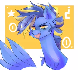 Size: 3000x2695 | Tagged: safe, artist:madiwann, derpibooru import, oc, oc only, oc:shining trophy, pegasus, pony, bust, chest fluff, male, simple background, smiling, tongue, tongue out, wings