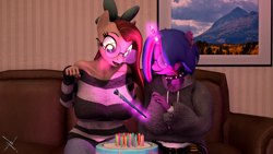 Size: 3840x2160 | Tagged: safe, artist:nightmarezoroark, derpibooru import, oc, oc only, oc:midnight sparkle, oc:ze, anthro, 3d, birthday, cake, female, food, size difference, sofa, source filmmaker