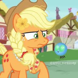 Size: 1080x1080 | Tagged: artist needed, source needed, safe, derpibooru import, applejack, earth pony, parasprite, pony, female, older, older applejack