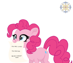 Size: 2300x2000 | Tagged: safe, artist:r4hucksake, derpibooru import, pinkie pie, earth pony, pony, mouth hold, positive ponies, sign, simple background, solo, transparent background