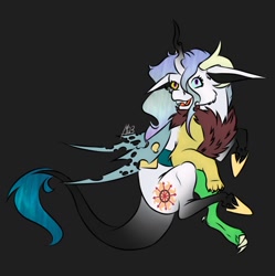 Size: 1249x1252 | Tagged: safe, artist:louarthur8, derpibooru import, discord, princess celestia, queen chrysalis, draconequus, black background, fusion, heterochromia, signature, simple background, solo