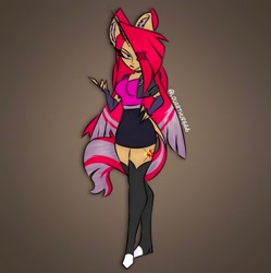 Size: 1249x1252 | Tagged: safe, artist:louarthur8, derpibooru import, sunset shimmer, anthro, unguligrade anthro, unicorn, clothes, ear fluff, ears, female, fingerless gloves, fusion, gloves, gradient background, hand on hip, signature, skirt, solo, vaggie