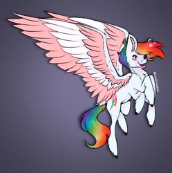 Size: 1249x1252 | Tagged: safe, artist:louarthur8, derpibooru import, rainbow dash, pegasus, pony, angel dust (hazbin hotel), colored wings, flying, fusion, gradient background, heterochromia, signature, solo, two toned wings, unshorn fetlocks, wings