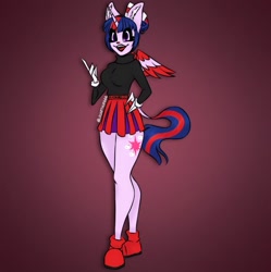 Size: 1249x1252 | Tagged: safe, artist:louarthur8, derpibooru import, twilight sparkle, twilight sparkle (alicorn), alicorn, anthro, clothes, cuphead (character), ear fluff, ears, female, gradient background, signature, skirt, smiling, solo