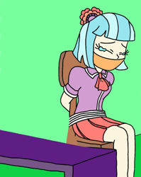 Size: 572x720 | Tagged: safe, artist:bugssonicx, derpibooru import, edit, coco pommel, human, equestria girls, bondage, cloth gag, crying, gag, green background, humanized, simple background, sitting, tied to chair, tied up