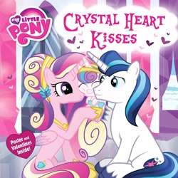 Size: 2560x2556 | Tagged: safe, derpibooru import, princess cadance, princess flurry heart, shining armor, alicorn, crystal pony, pony, unicorn, g4, baby, book, book cover, cover, crystal heart kisses, crystallized, diaper, eyes closed, female, folded wings, hairclip, heart, hoof shoes, horn, male, mare, my little pony logo, official, princess shoes, sitting, squishy cheeks, stallion, tail, text, trio, unshorn fetlocks, wings