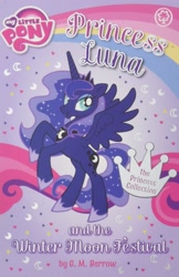 Size: 1659x2560 | Tagged: safe, derpibooru import, princess luna, alicorn, pony, book, book cover, clothes, cover, crown, female, g.m. berrow, jewelry, mare, merchandise, moon, my little pony logo, my little pony princess collection, official, orchard books, peytral, princess luna and the festival of the winter moon, rearing, regalia, shoes, solo, spread wings, stock vector, text, united kingdom, wings