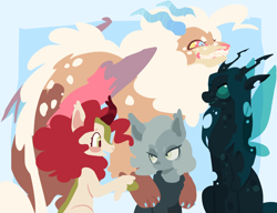 Size: 2048x1569 | Tagged: safe, artist:spaceboycelebration, derpibooru import, oc, oc only, bat pony, changeling, draconequus, kirin, pony, bat pony oc, blue background, changeling oc, draconequus oc, group, kirin oc, lineless, quartet, simple background