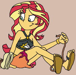 Size: 518x510 | Tagged: safe, artist:bugssonicx, derpibooru import, sunset shimmer, human, equestria girls, bikini, bikini top, clothes, humanized, sandals, skirt, smiling, smirk, swimsuit