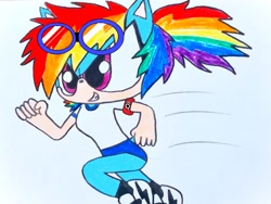 Size: 4032x3024 | Tagged: safe, artist:blue🐺wolf, derpibooru import, rainbow dash, anthro, hedgehog, buruma, clothes, goggles, gym uniform, japanese, mobian, running, shirt, shoes, short sleeves, simple background, solo, sonic the hedgehog (series), sonicified, species swap, sports panties, swimming goggles