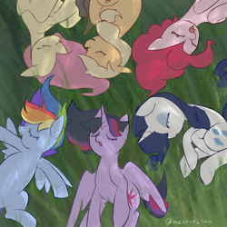 Size: 2560x2560 | Tagged: safe, artist:metaruscarlet, derpibooru import, applejack, fluttershy, pinkie pie, rainbow dash, rarity, twilight sparkle, twilight sparkle (alicorn), alicorn, earth pony, pegasus, pony, unicorn, applejack's hat, clothes, cowboy hat, eyes closed, grass, hat, mane six, nap, open mouth, sleeping