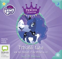 Size: 1594x1510 | Tagged: safe, derpibooru import, princess luna, alicorn, pony, audiobook, audiobook cover, bunting, clothes, cover, female, folded wings, g.m. berrow, jewelry, mare, moon, my little pony logo, my little pony princess collection, official, peytral, princess luna and the festival of the winter moon, raised hoof, raised leg, shoes, snow, snowflake, solo, stars, string lights, text, tiara, wings