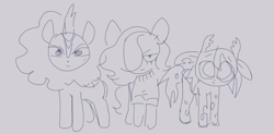 Size: 1280x632 | Tagged: safe, artist:spaceboycelebration, derpibooru import, oc, oc only, bat pony, changeling, kirin, pony, bat pony oc, changeling oc, kirin oc, monochrome, trio