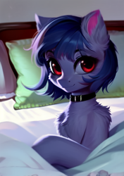 Size: 512x728 | Tagged: safe, ai content, derpibooru import, generator:pony diffusion v5, generator:stable diffusion, machine learning generated, oc, oc only, oc:cosmia nebula, pony, bed, chest fluff, choker, ear fluff, ears, female, looking at you, pillow, smiling, solo