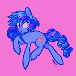 Size: 2245x2246 | Tagged: safe, artist:pastacrylic, derpibooru import, oc, oc only, earth pony, pony, chest fluff, hair tie, pink background, simple background, smiling, solo