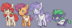 Size: 2048x803 | Tagged: safe, artist:spaceboycelebration, derpibooru import, apple bloom, scootaloo, spike, sweetie belle, dragon, earth pony, pegasus, pony, unicorn, alternate design, alternate universe, cutie mark crusaders, gray background, group, quadrupedal, quadrupedal spike, quartet, redesign, simple background