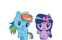 Size: 555x360 | Tagged: safe, derpibooru import, rainbow dash, twilight sparkle, twilight sparkle (alicorn), alicorn, pegasus, pony, cutie mark crew, duo, duo female, eyes open, female, front facing, mare, official, open mouth, open smile, raised hoof, raised leg, simple background, smiling, spread wings, toy, transparent background, underhoof, wings