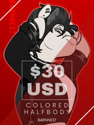 Size: 1728x2304 | Tagged: safe, artist:barnnest, derpibooru import, oc, bat pony, pony, advertisement, background, belt, black hair, brown eyes, collar, commission, commission info, fangs, gray coat, half body, piercing, price tag, prices, punk, red background, rocker, simple background, solo, wings