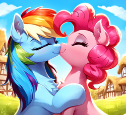 Size: 3072x2808 | Tagged: safe, ai content, derpibooru import, machine learning generated, pinkie pie, rainbow dash, earth pony, pegasus, pony, boop, chest fluff, cute, duo, eyes closed, female, kissing, lesbian, noseboop, nuzzling, pinkiedash, ponyville, shipping