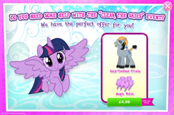 Size: 1965x1298 | Tagged: safe, derpibooru import, idw, twilight sparkle, twilight sparkle (alicorn), alicorn, earth pony, pony, advertisement, clear the skies, costs real money, ear piercing, earring, english, female, flying, gameloft, gold tooth, hat, horn, idw showified, jewelry, magic bolt, male, mare, mobile game, my little pony: magic princess, numbers, official, piercing, spread wings, stallion, text, unnamed character, unnamed pony, unshorn fetlocks, wings