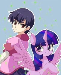 Size: 2440x3010 | Tagged: safe, artist:plusplus_pony, derpibooru import, twilight sparkle, twilight sparkle (alicorn), alicorn, human, anime, bakemonogatari, blue background, duo, duo female, female, horn, human female, kanbaru suruga, outline, simple background, sparkles, spread wings, white outline, wings