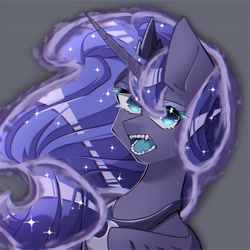 Size: 3598x3598 | Tagged: safe, artist:mugitya012, derpibooru import, princess luna, alicorn, pony, fangs, female, gray background, open mouth, simple background, solo