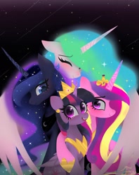 Size: 1620x2048 | Tagged: safe, artist:petaltwinkle, derpibooru import, princess cadance, princess celestia, princess luna, twilight sparkle, twilight sparkle (alicorn), alicorn, pony, alicorn tetrarchy, blushing, crown, eyes closed, female, hug, jewelry, mare, open mouth, open smile, peytral, regalia, smiling, winghug, wings