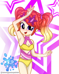 Size: 2015x2490 | Tagged: safe, artist:rjp.rammy, derpibooru import, oc, oc only, oc:viona buns, equestria girls, armpits, bare shoulders, breasts, cleavage, clothes, cute, female, legs together, looking at you, ocbetes, one-piece swimsuit, open mouth, open smile, sleeveless, smiling, smiling at you, solo, swimsuit