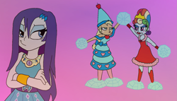 Size: 1631x932 | Tagged: safe, artist:bugssonicx, derpibooru import, applejack, rainbow dash, rarity, human, equestria girls, angry, applejack is not amused, bow, clothes, dress, hat, hennin, humanized, rainbow dash is not amused, rarity peplum dress, smiling, smirk, unamused