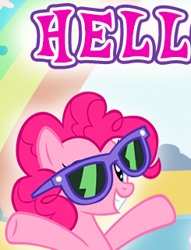 Size: 245x320 | Tagged: safe, derpibooru import, pinkie pie, earth pony, pony, cropped, english, female, gameloft, hell, mare, meme, smiling, solo, sunglasses, text, wow! glimmer