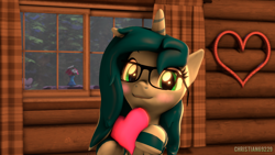 Size: 1920x1080 | Tagged: safe, artist:christian69229, derpibooru import, oc, oc only, oc:acette, pony, unicorn, 3d, blushing, clothes, commission, female, glasses, heart, horn, looking at you, mare, smiling, socks, source filmmaker, striped socks, unicorn oc, ych result