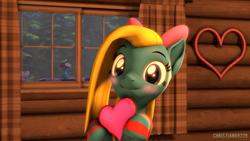 Size: 1920x1080 | Tagged: safe, artist:christian69229, derpibooru import, oc, oc only, oc:cuteamena, earth pony, pony, 3d, blushing, clothes, commission, earth pony oc, female, heart, looking at you, mare, smiling, socks, source filmmaker, striped socks, ych result