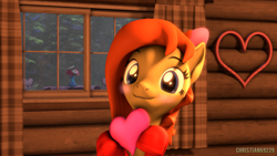 Size: 1920x1080 | Tagged: safe, artist:christian69229, derpibooru import, oc, oc only, oc:charmed cuteamena, earth pony, pony, 3d, blushing, clothes, commission, earth pony oc, female, heart, looking at you, mare, smiling, socks, source filmmaker, striped socks, ych result