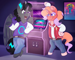 Size: 2500x2000 | Tagged: safe, artist:euspuche, derpibooru import, oc, oc only, pegasus, unicorn, arcade, bipedal, clothes, looking at each other, looking at someone, talking, vaporwave