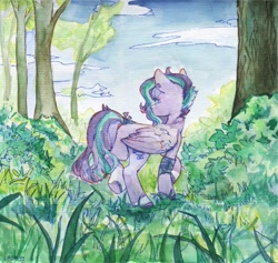 Size: 2307x2186 | Tagged: safe, artist:laymy, derpibooru import, oc, oc only, pegasus, pony, butt, female, forest, mare, plot, solo, traditional art