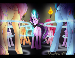 Size: 1280x999 | Tagged: safe, artist:digisketchpad, derpibooru import, applejack, fluttershy, pinkie pie, rainbow dash, rarity, starlight glimmer, twilight sparkle, fanfic:the friendship test, 2020, abstract background, fanfic art, group