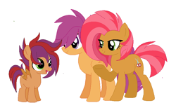 Size: 760x448 | Tagged: safe, artist:kaiimira, derpibooru import, babs seed, scootaloo, oc, oc:truffles, 2016, babscoot, colt, female, foal, lesbian, magical lesbian spawn, male, mother and child, offspring, parent and child, parent:babs seed, parent:scootaloo, parents:babscoot, shipping, simple background, trio, white background