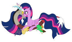 Size: 2048x1210 | Tagged: safe, artist:utts, derpibooru import, discord, princess twilight 2.0, twilight sparkle, twilight sparkle (alicorn), alicorn, draconequus, pony, the last problem, antlers, blushing, discolight, face to face, female, horn, long mane, long tail, male, mare, older, older twilight, shipping, simple background, sitting on person, straight, tail, transparent background