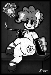 Size: 1260x1842 | Tagged: safe, artist:isaac_pony, derpibooru import, oc, oc only, oc:flower tie, earth pony, pony, semi-anthro, 30s, black and white, black and white cartoon, butt, butt freckles, cartoon, cartoon physics, cigarette, clothes, cutie mark, derp, female, flower, freckles, grayscale, huge butt, large butt, latex, latex socks, logo, looking at you, mare, monochrome, pac-man eyes, poster, shoes, smiling, socks, vector, vintage