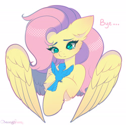 Size: 2492x2480 | Tagged: safe, artist:monstrum, derpibooru import, fluttershy, bird, pegasus, pony, crying, goodbye, meta, solo, twitter