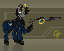 Size: 807x646 | Tagged: safe, artist:ctamina, derpibooru import, oc, oc only, unicorn, fallout equestria, armor, black hair, blue tape, clothes, fallout, glasses, horn, laser rifle, magic, magic aura, military uniform, scientist, stalker, stalliongrad, tape, telekinesis, unicorn oc, uniform